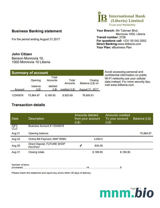 Liberia Ib Bank Międzynarodowy szablon w formacie excel pdf